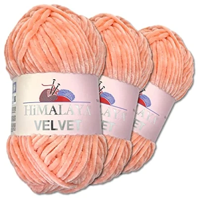 Abbildung von Wohnkult Himalaya 3 x 100 g Velvet Dolphin Wolle 40 Farben zur Auswahl Chenille Strickgarn Flauschwolle Glanz Accessoire Kleidung Decken (90023 Pfirsich)