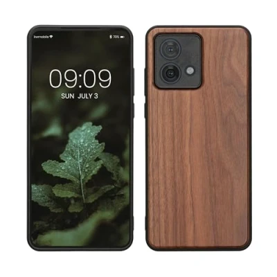 Abbildung von kwmobile Hülle kompatibel mit Motorola Moto G84 5G Holz Case stoßfestes Handy Cover TPU Handyhülle in Dunkelbraun