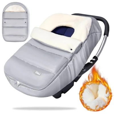 Abbildung von Orzbow Fußsack Babyschale Winter,Universell Einschlagdecke mit Verstellbarem Kragen,Warmes Korallenvlies Futter,Reißverschluss,passend für Maxi Cosi,Cybex,Römer usw. (Dunkelgrau)