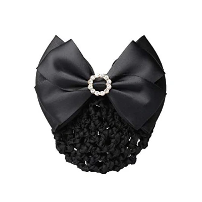 Abbildung von 1 Stück Schwarz Strass Satin Schleife Haarspange Bowknot Snood Netz Dutt Abdeckung mit Haarnetz Dekor Französische Frauen Mädchen Haarschmuck
