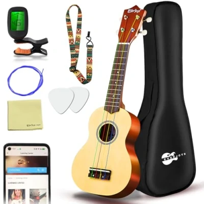 Abbildung von Everjoys Sopran Ukulele Set für Kinder und Erwachsene 21 Zoll Starter Kit mit Tasche, Tuner, Songbook, Saiten, Pick, Kleine Hawaii Gitarre Natur