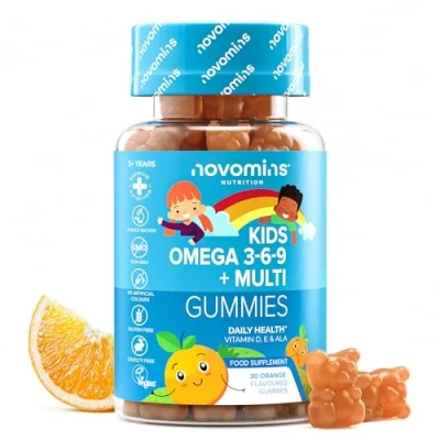 Abbildung von Kinder Omega 3 6 9 Gummibärchen Vitamin D &amp; E Vegan 1 Monatsvorrat Nahrungsergänzungsmittel zum Kauen Pflanzliche Alternative zu Fischöl Vitamine von Novomins