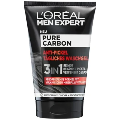 Abbildung von L&#039;Oréal Men Expert Anti Pickel Waschgel gegen unreine Haut für Männer, Gesichtsreinigung Mitesser &amp; Unreinheiten, Herren Cleanser das Gesicht mit Vitamin B3, Pure Carbon, 1 x 100 ml