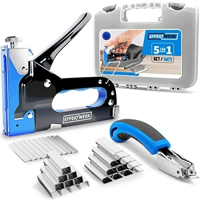 Abbildung von Effektwerk 5 in 1 Tacker Set, Hochleistungstacker mit 1500 Heftklammern und Heftklammerentferner, Handtacker für Holz, Stoff, Teppich, Maschendraht Bauarbeiten