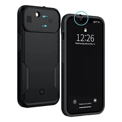 Abbildung von Spy Fy iPhone 14 Plus Hülle mit Schiebekamera Abdeckung Vorne und Hinten Schütze Deine Privatsphäre 2 Meter Fallschutz Matt Schwarz Kamera Valenta
