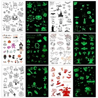 Abbildung von HOWAF Halloween Tattoo Kinder, Temporäre Tattoos Leuchtend Gesicht Kindertattoos Aufkleber Deko Kinder Party Zubehör Mitgebsel Geschenke