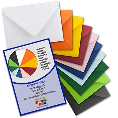 Abbildung von 100 Briefumschläge Farbenmix Paket 1 DIN C5 Kuverts 22,0 x 15,4 cm mit Nassklebung ohne Fenster für Gruß Karten &amp; Einladungen Serie FarbenFroh