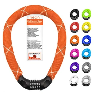 Abbildung von nean Fahrradschloss mit Zahlen, Kettenschloss hohe Sicherheitsstufe, Fahrrad Schloss Zahlenschloss Code, Kette aus gehärtetem Stahl, extrem robuste Gewebeummantelung, orange, 6 x mm 900