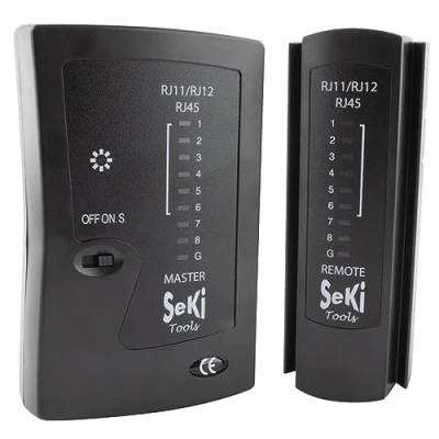 Abbildung von SeKi Netzwerktester für RJ11 RJ12 RJ45 Nezwerkkabel ISDN LAN Patchkabel Testgerät Leitungstester Messgerät Kabeltester Schwarz zum Testen und Prüfen von Patchkabeln