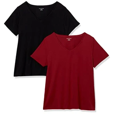 Abbildung von Amazon Essentials Damen T Shirt mit V Ausschnitt und kurzen Ärmeln in Übergröße, 2er Pack, Schwarz/Burgunderrot, 3XL Große Größen