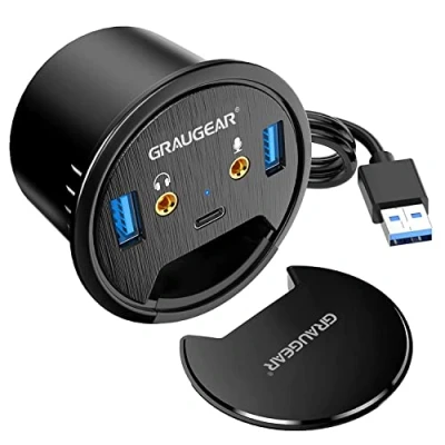 Abbildung von GRAUGEAR Tisch USB HUB mit 3.0 und C Anschlüssen, 5Gbps Datenübertragung, 150cm Kabellänge, für 60mm Schreibtischbohrungen, inkl. Staubschutz