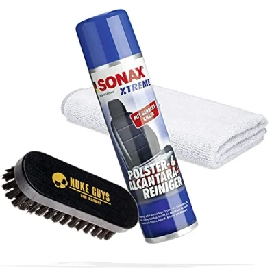 Abbildung von detailmate Set zur Reinigung und Pflege von Leder, Polster &amp; Textilien SONAX XTREME Reiniger 0,4L + Nuke Guys Bürste S Mikrofasertuch
