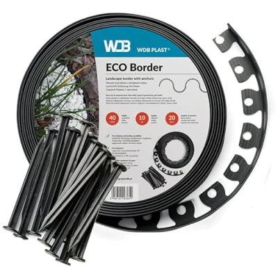 Abbildung von WDB Flexible Rasenkante aus Kunststoff 10m Lang 4cm Hoch mit 20 Befestigungsnägel Schwarz RAL 9005