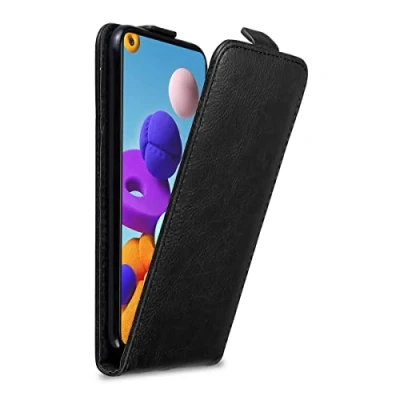 Abbildung von Cadorabo Hülle kompatibel mit Samsung Galaxy A21s Flip Design aus Premium Kunst Leder Klappbare Stoßfeste Magnetische Cover für Tasche in Schwarz
