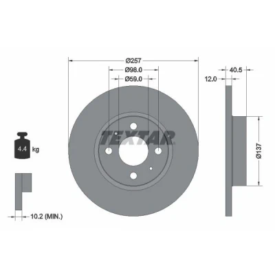 Abbildung von TEXTAR PRO 92236703 Bremsscheibe 257 12 04/06 98 voll beschichtet ohne Radbefestigungsbolzen, Radnabe FIAT: 500 C Cabrio, Panda III Schrägheck