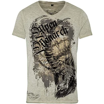 Abbildung von Hangowear Trachten T Shirt Herren Wallace Greige Trachtenshirt Alpen Monarch beige grau Print Steinbock Krone (L, Greige)