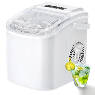 Abbildung von Kleiner Eiswürfelbereiter tragbare Eiswürfelmaschine mit Griff 9 Eiswürfel in 6 Minuten fertig, Selbstreinigende Eismaschinen für Zuhause Weiß