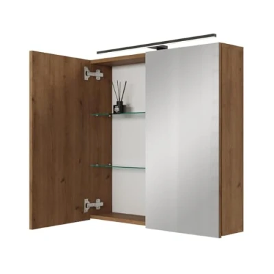Abbildung von Planetmöbel ARIA Spiegelschrank Bad mit Beleuchtung 70 cm breit Badschrank hängend Spiegel Gold Eiche, Leuchte und Steckdose, Gäste WC x 16