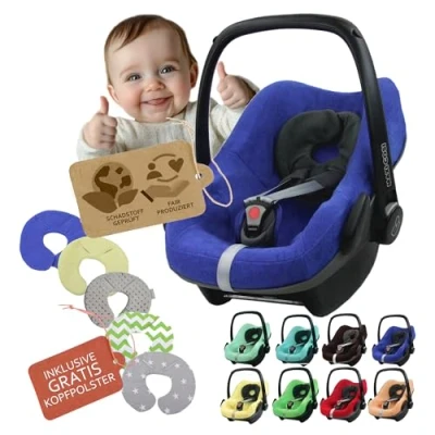 Abbildung von Frottee Sommerbezug [Schonbezug für Babyschale] Autositz kompatibel mit Maxi Cosi Pebble und Plus + GRATIS Kopfpolster (blau)