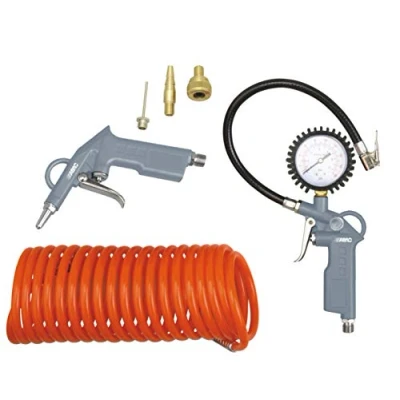 Abbildung von ABAC 6 teiliges Kompressor Zubehör Set G 813, enthält Reifenfüller mit Manometer, Druckluftpistole, 5 m Spiralschlauch, 3 Ventiladapter, max. Druck 8 Bar