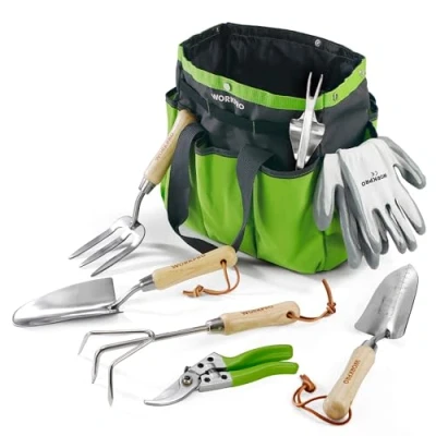 Abbildung von WORKPRO Gartenwerkzeug Set, 8 in 1 Gartengeräte mit Aufbewahrungstasche, aus Edelstahl, Gartenschaufel Holzgriff, Blumenschere, Gartenkralle, Handgrubber, Geschenk für Gärtnerinnen und Gärtner