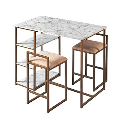 Abbildung von Teamson Home Marmo 3 Stücke Frühstücks Ess Set, Bartisch und 2 Gepolsterte Hocker mit Stauraum, Tischplatte aus Weißem Marmor Beine in Gold Messing Finish
