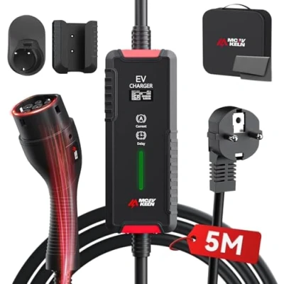Abbildung von MCEVKELN Typ 2 Ladekabel Schuko 3,6 kW EV Ladegerät Umschaltbare Strom 6A/8A/10A/13A/16A Einphasig IP65 5M Mode 3 für Elektroautos &amp; Hybrid IEC 62196 Steckdose