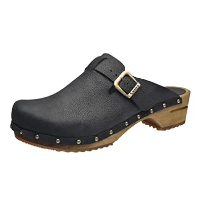 Abbildung von Sanita Hartwig offener Clog Original handgemacht Leder Holzclogs für Männer Schwarz EU 42