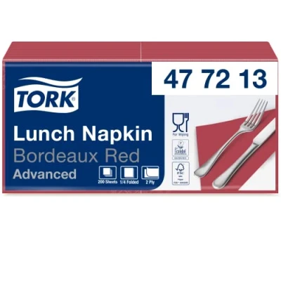 Abbildung von Tork 477213 Lunchservietten Bordeauxrot / 2 lagige Servietten für kleine Gerichte &amp; Snacks Advanced Qualität 10 x 200 (2000) Papierservietten 32,6 33 cm (B L) 1/4 Falz