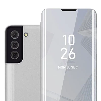 Abbildung von Cadorabo Hülle kompatibel mit Samsung Galaxy S22 Schutzhülle TPU Silikon Case 360 View Spiegel, Slim Kratzfest Weiche Gummi Rundumschutz Cover für in Silber