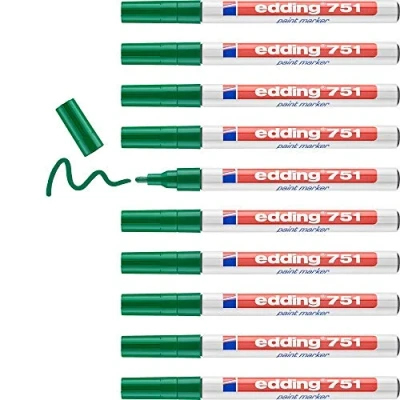 Abbildung von edding 751 Lackmarker grün 10 Stifte Rundspitze 1 2 mm Lackstift zur Markierung und Beschriftung von Metall, Glas, Stein oder Kunststoff hitzebeständig, permanent, wischfest