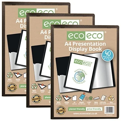 Abbildung von eco eco004x3 Präsentationsbuch, A4, 50% recycelt, 40 Taschen, Schwarz, Aufbewahrungsbox, Portfolio Kunstmappe mit Kunststoffhüllen, 3 Stück