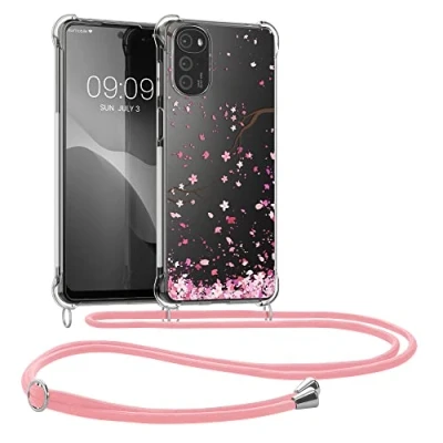 Abbildung von kwmobile Necklace Case kompatibel mit Motorola Moto G22 Hülle Silikon Cover Handykette Rosa Dunkelbraun Transparent Kirschblütenblätter