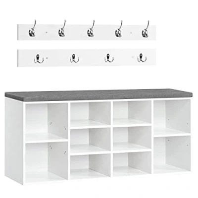 Abbildung von HOOBRO Garderobe Schuhregal Set, Schuhbank mit 10 Fächern, gepolsterter Sitzbank, Wandgarderobe 9 Haken, Schuhschrank für Flur, Eingangsbereich, Schlafzimmer weiß EWT110HX01