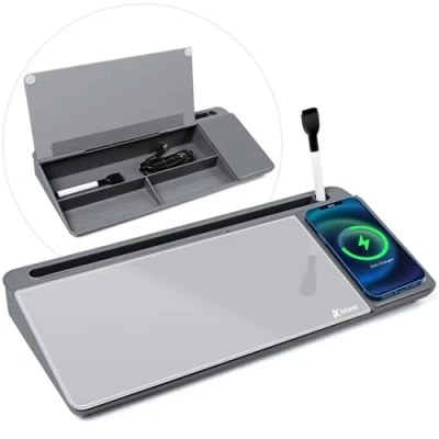 Abbildung von Varhomax Glas Schreibtisch Whiteboard mit kabellosem Ladegerät, trocken abwischbares Aufbewahrung, Schreibtischtafel, Buddy für To do Liste, Notizblock Zuhause und Büro (Grau)