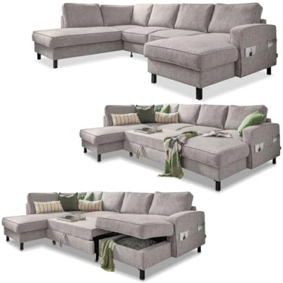 Abbildung von MIUFORM Wohnlandschaft U Form, Ecksofa mit Schlaffunktion und Bettkasten Sofa Form Schlaffunktion, Big XXL Couch (Salz Pfeffer, Links)