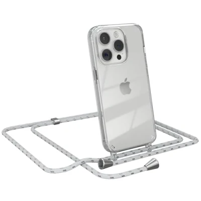 Abbildung von EAZY CASE Handykette kompatibel mit iPhone 15 Pro Handyhülle Umhängeband, Handykordel Schutzhülle, Silikonhülle, Hülle Band, Stylische Kette für Smartphone, Weiß/Silber