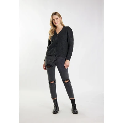 Abbildung von DREIMASTER Vintage Strickjacke für Damen XS / Dunkelgrau Melange 69% recyceltes Polyester 23% Polyacryl 6% Wolle 2% Elasthan