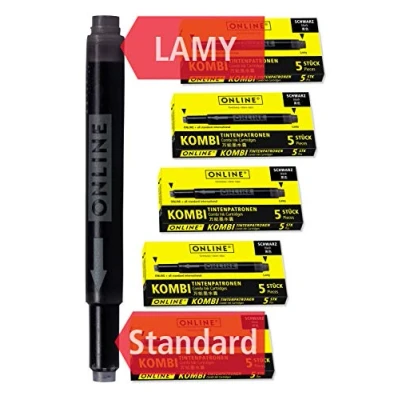 Abbildung von Online 25x kompatible LAMY Patronen schwarz, auch für Pelikan, Stabilo etc., Universal Tintenpatronen, Füller Patronen, Vorteilspack Kombi Patrone black, Ersatz Füllhalter