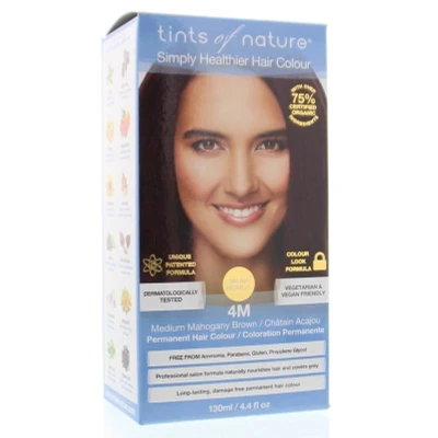 Abbildung von Tints of Nature 4M Medium Mahogany Brown Permanent Hair Dye, Mittel Mahagonibraun Permanente Haarfarbe, pflegt das Haar und deckt Grau ab, ammoniakfrei, 130 ml