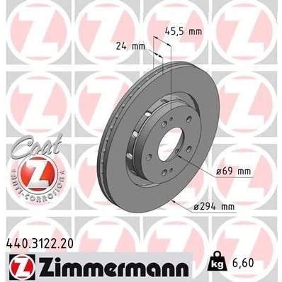 Abbildung von ZIMMERMANN COAT Z 440.3122.20 Bremsscheibe 294 24 7/5 5 114 innenbelüftet beschichtet MITSUBISHI: Outlander 3, 2 SUV, Lancer 8 Limousine