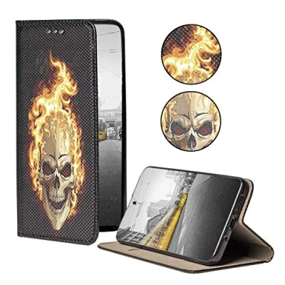 Abbildung von KX Mobile Hülle für Samsung S9 Handyhülle Motiv 614 Totenkopf Skull Flammen Schwarz Premium Smart aus Kunstleder einseitig Bedruckt HandyCover Galaxy