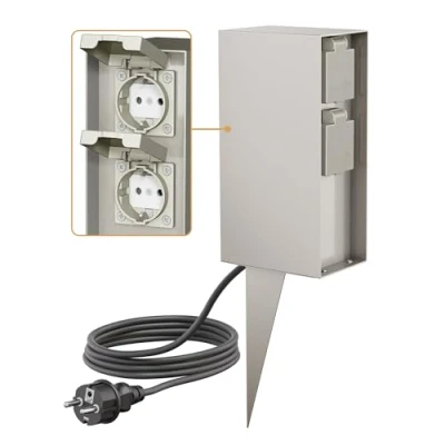 Abbildung von ledscom.de Garten Steckdosen Säule POMI mit Erdspieß und 2m Kabel für außen, IP44, 4 Fach, Edelstahl, eckig, 23cm