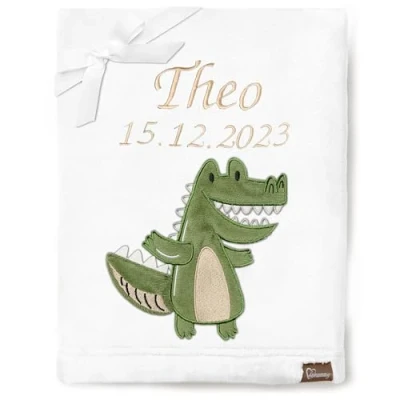 Abbildung von Be Mammy Personalisierte Babydecke mit 3D Applikation Warme Kuscheldecke Namen und Geburtsdatum; Perfektes Baby Geschenk; Blanket; Krabbeldecke BE20 280 (Weiß Krokodil)