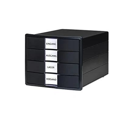 Abbildung von HAN Schubladenbox IMPULS 2.0 KARMA mind. 80% Recycling Kunststoff mit 4 geschlossenen Schubladen für DIN A4/C4 inkl. Beschriftungsschilder, Auszugsperre, möbelschonende Gummifüße, 10128 13, schwarz