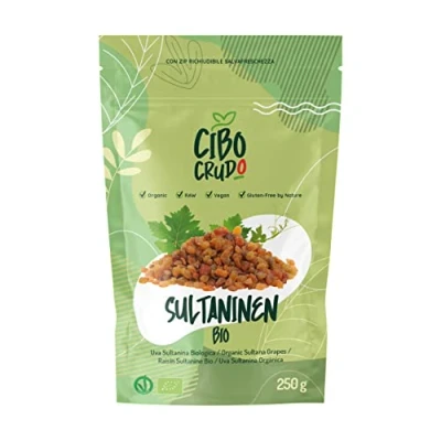 Abbildung von Sultaninen Bio Ungeschwefelt 250g. Getrocknete und Rohe. Dehydrierte Rosinen ohne Zuckerzusatz zum Verzehr zu Snacks oder Desserts.
