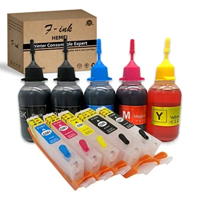 Abbildung von F INK Wiederaufladbare Tintenpatrone und 5 x 50 ml Flaschen Tinte kompatibel mit Canon PGI 580XXL CLI 581XXL oder Tintenpatronen, Farben PGBK BK C M Y