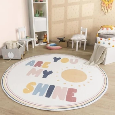 Abbildung von TT Home Babyzimmer Teppich Rund Kinderzimmer Waschbar Regenbogen Sonne, Farbe:Blau Gelb Creme, Größe:160 cm