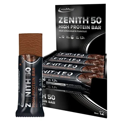 Abbildung von IronMaxx Zenith 50 XL High Protein Bar Milk Chocolate 12 x 100g Eiweißriegel mit 50% Proteingehalt low carb, sugar wichtigen Aminosäuren