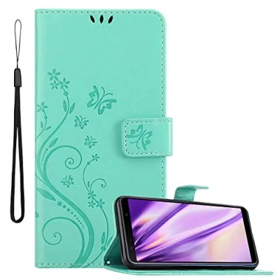 Abbildung von Cadorabo Hülle kompatibel mit Samsung Galaxy A7 2018 Blumen Design aus Kunst Leder Flip Klappbare Stoßfeste Magnetische [Standfunktion] [Kartenfächern] Cover für Tasche in Türkis